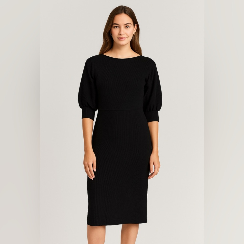 DKNY Black Ribbed Knit Midi Dress – Size L (NWT)